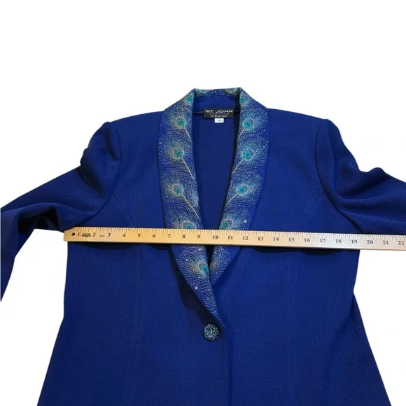 St. John Evening Blue Knit Bib Skirt Suit Jacket 12 Skirt 8 Embellished Peacock - Picture 13 of 16